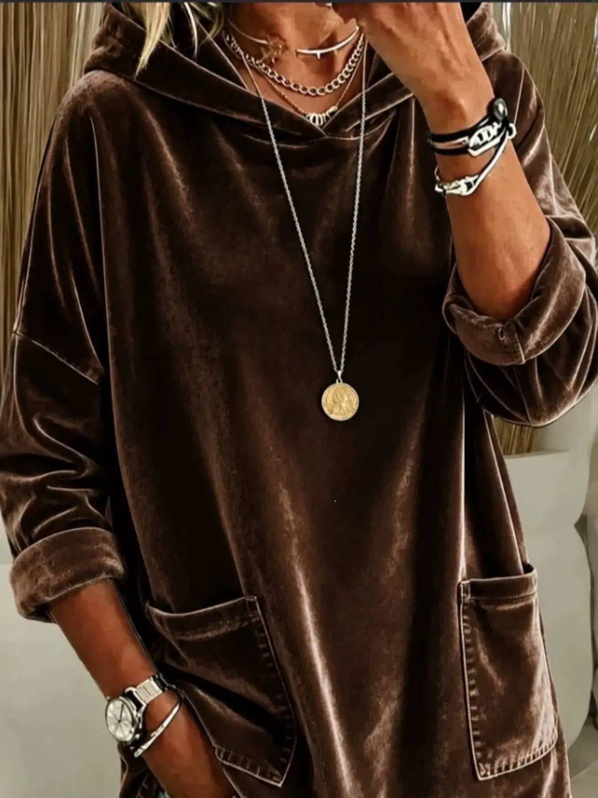 Velvet Front Pockets Hoodie by Trendsi