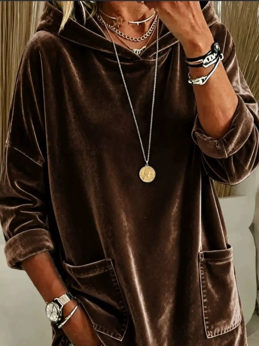 Velvet Front Pockets Hoodie by Trendsi