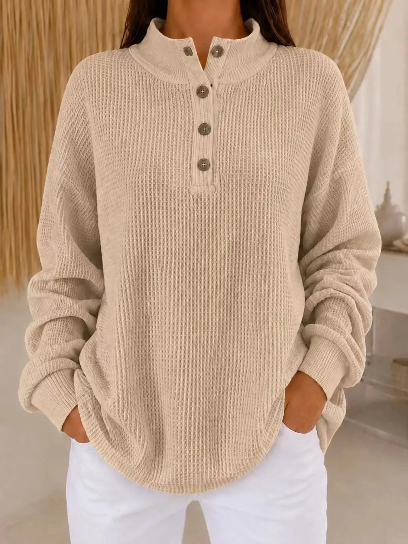 Full Size Waffle Knit Button Detail Sweatshirt Plus Size by Trendsi