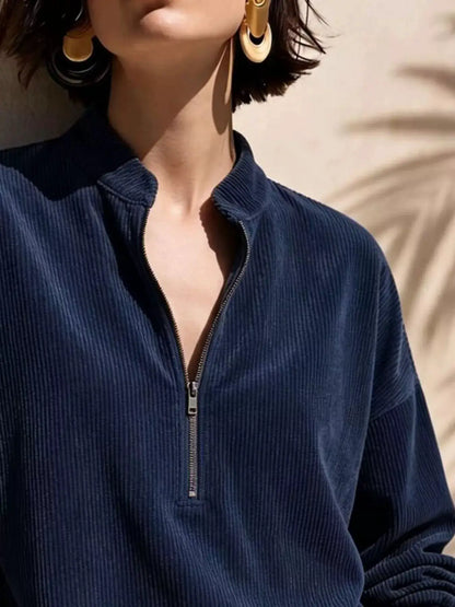 Full Size Half Zip Dropped Shoulder Corduroy Top Plus Size by Trendsi