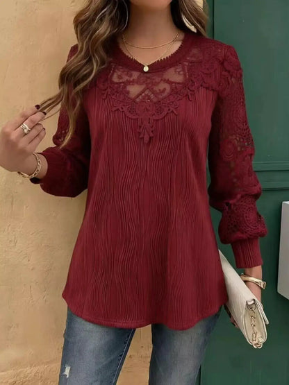 Lace Patchwork Long Sleeve Blouse by Trendsi