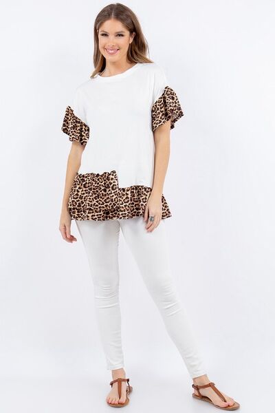 Celeste Full Size Animal Print Asymmetrical Top with Ruffle Sleeves Plus Size - Bitsy Gypsy Boutique