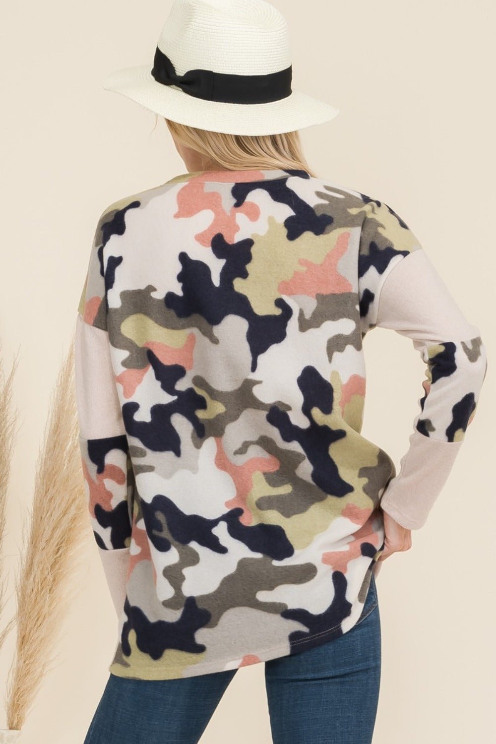 Celeste Full Size Camo Print Contrast Long Sleeve T-Shirt - Bitsy Gypsy Boutique