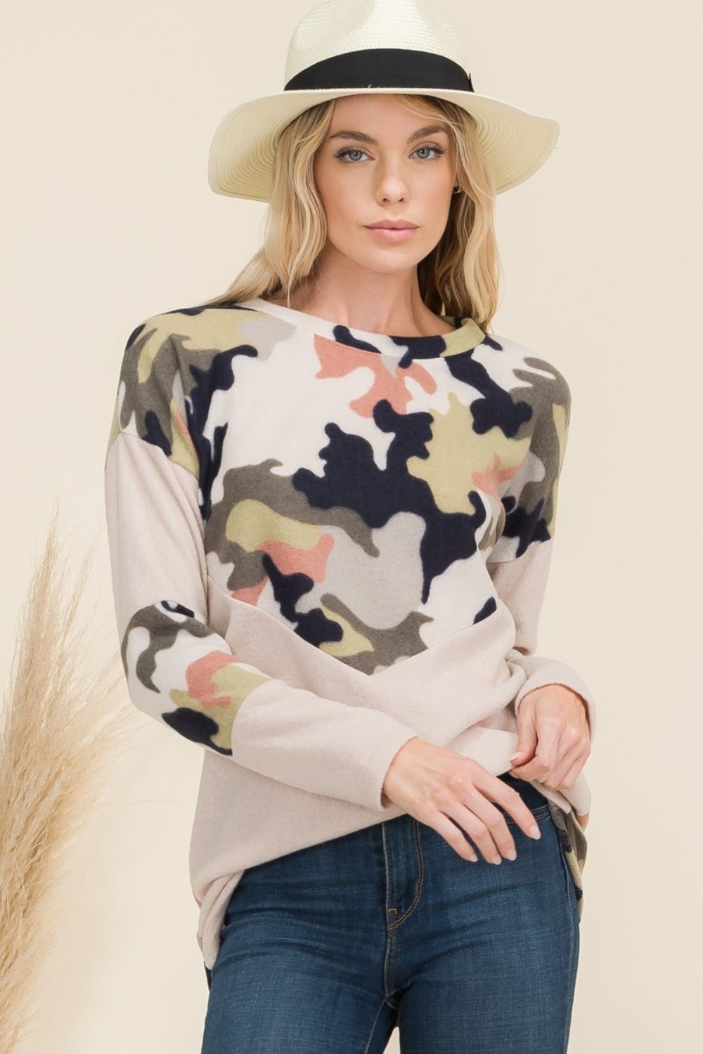 Celeste Full Size Camo Print Contrast Long Sleeve T-Shirt - Bitsy Gypsy Boutique