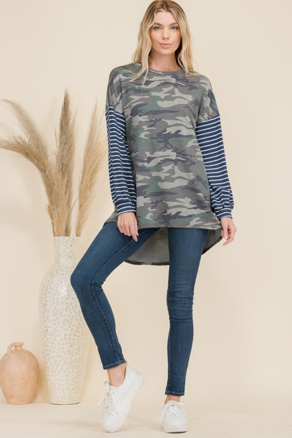 Celeste Full Size Camo Print High - Low T-Shirt with Stripe Sleeves - Bitsy Gypsy Boutique