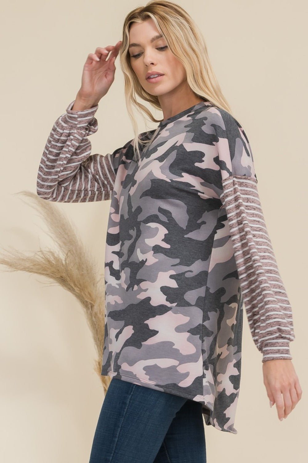 Celeste Full Size Camo Print High - Low T-Shirt with Stripe Sleeves - Bitsy Gypsy Boutique