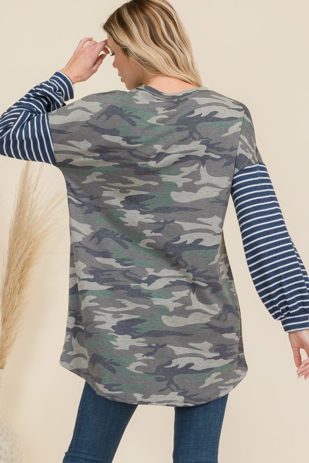 Celeste Full Size Camo Print High - Low T-Shirt with Stripe Sleeves - Bitsy Gypsy Boutique