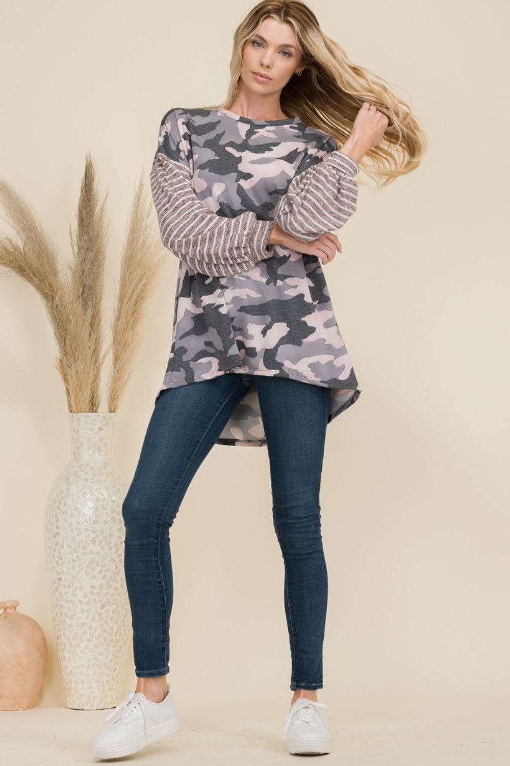 Celeste Full Size Camo Print High - Low T-Shirt with Stripe Sleeves - Bitsy Gypsy Boutique