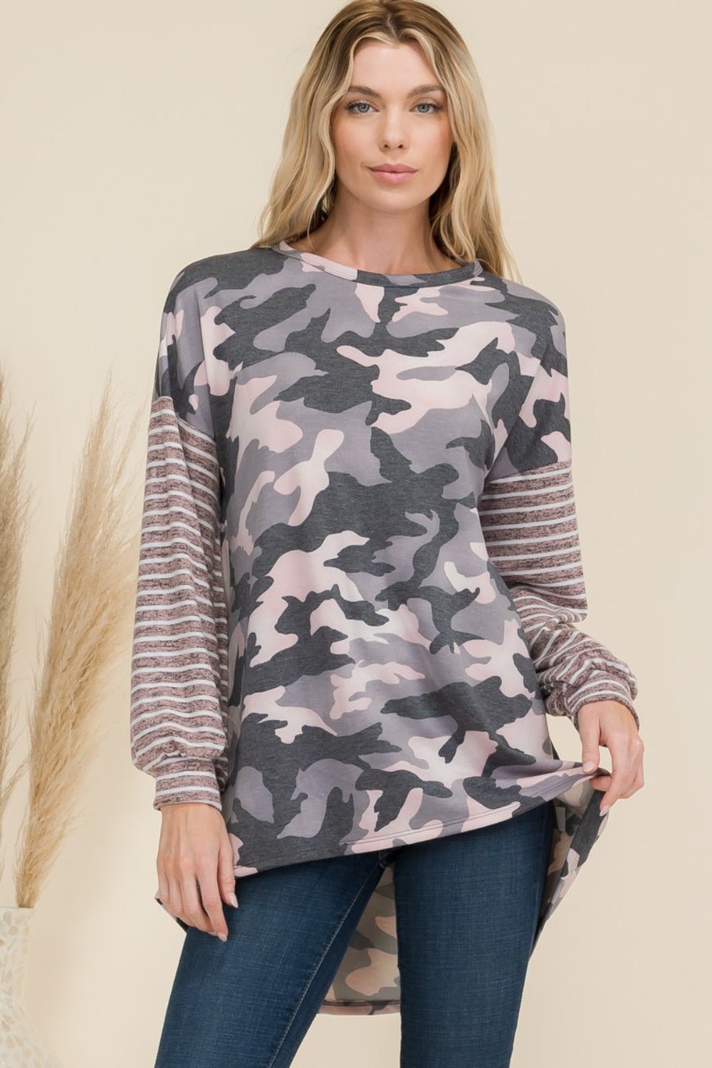 Celeste Full Size Camo Print High - Low T-Shirt with Stripe Sleeves - Bitsy Gypsy Boutique