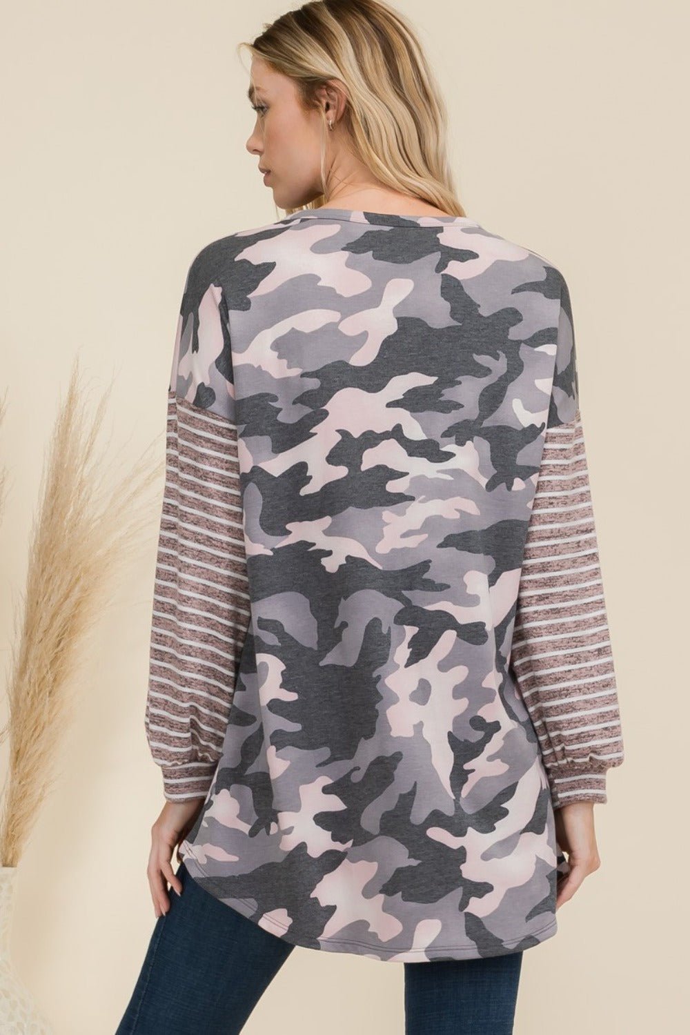 Celeste Full Size Camo Print High - Low T-Shirt with Stripe Sleeves - Bitsy Gypsy Boutique