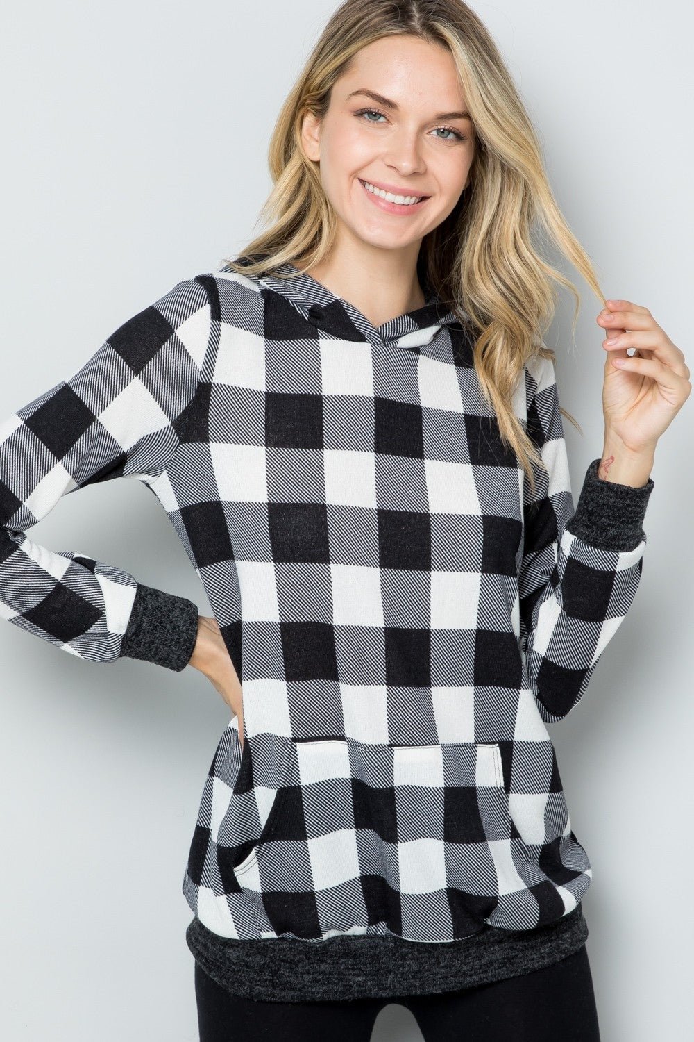 Celeste Full Size Contrast Plaid Long Sleeve Hoodie - Bitsy Gypsy Boutique