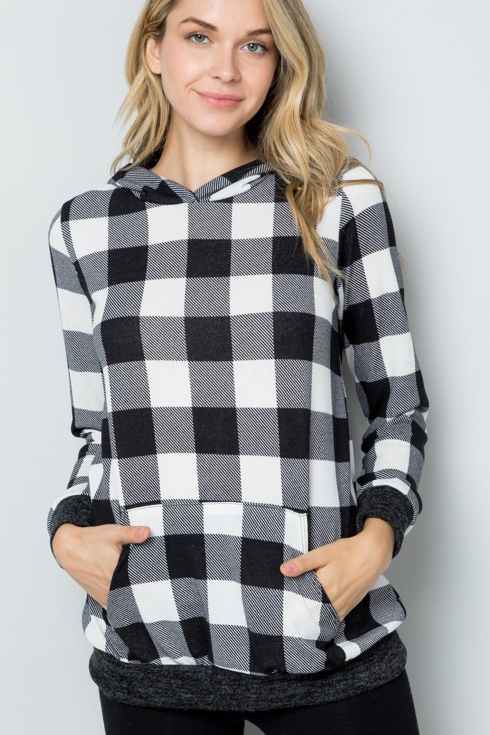 Celeste Full Size Contrast Plaid Long Sleeve Hoodie - Bitsy Gypsy Boutique