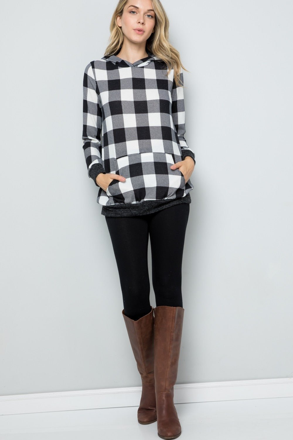 Celeste Full Size Contrast Plaid Long Sleeve Hoodie - Bitsy Gypsy Boutique