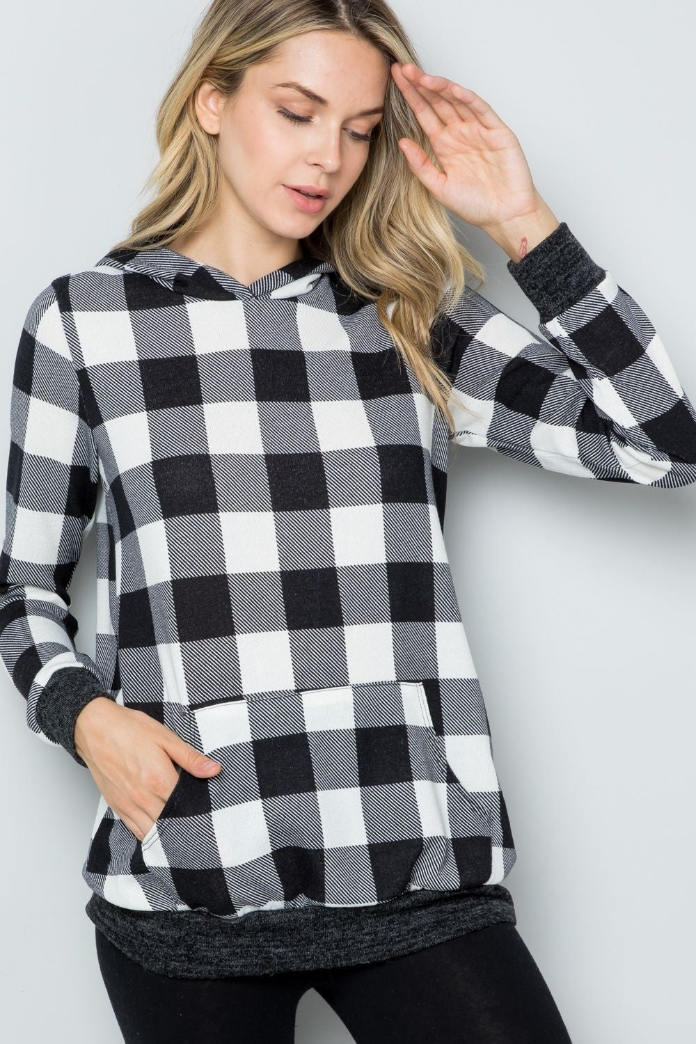 Celeste Full Size Contrast Plaid Long Sleeve Hoodie - Bitsy Gypsy Boutique