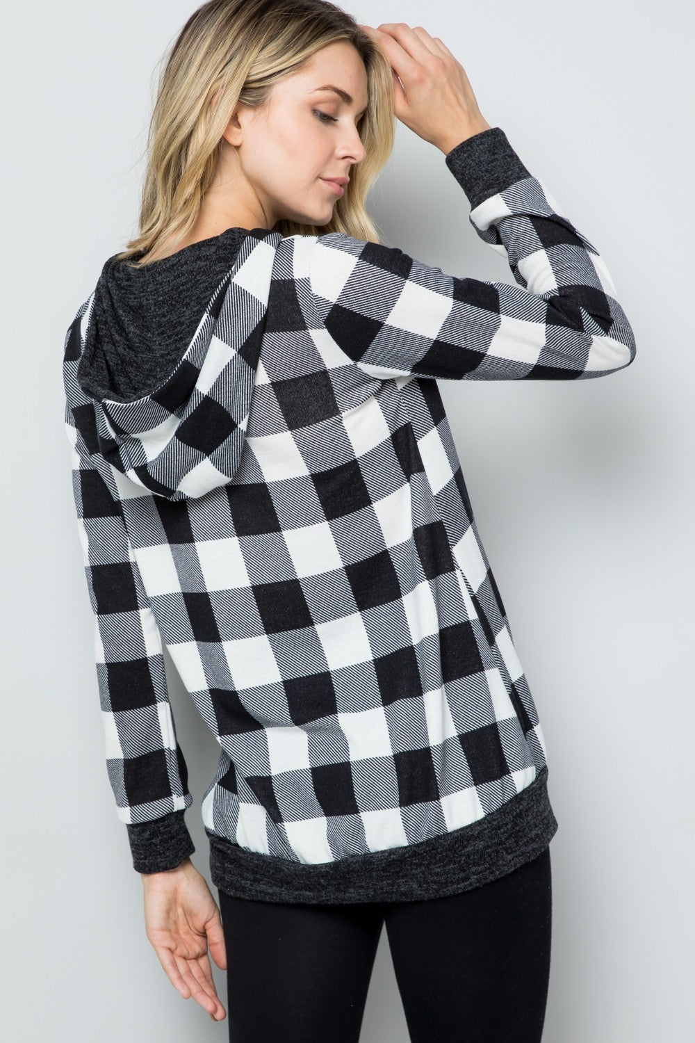 Celeste Full Size Contrast Plaid Long Sleeve Hoodie - Bitsy Gypsy Boutique