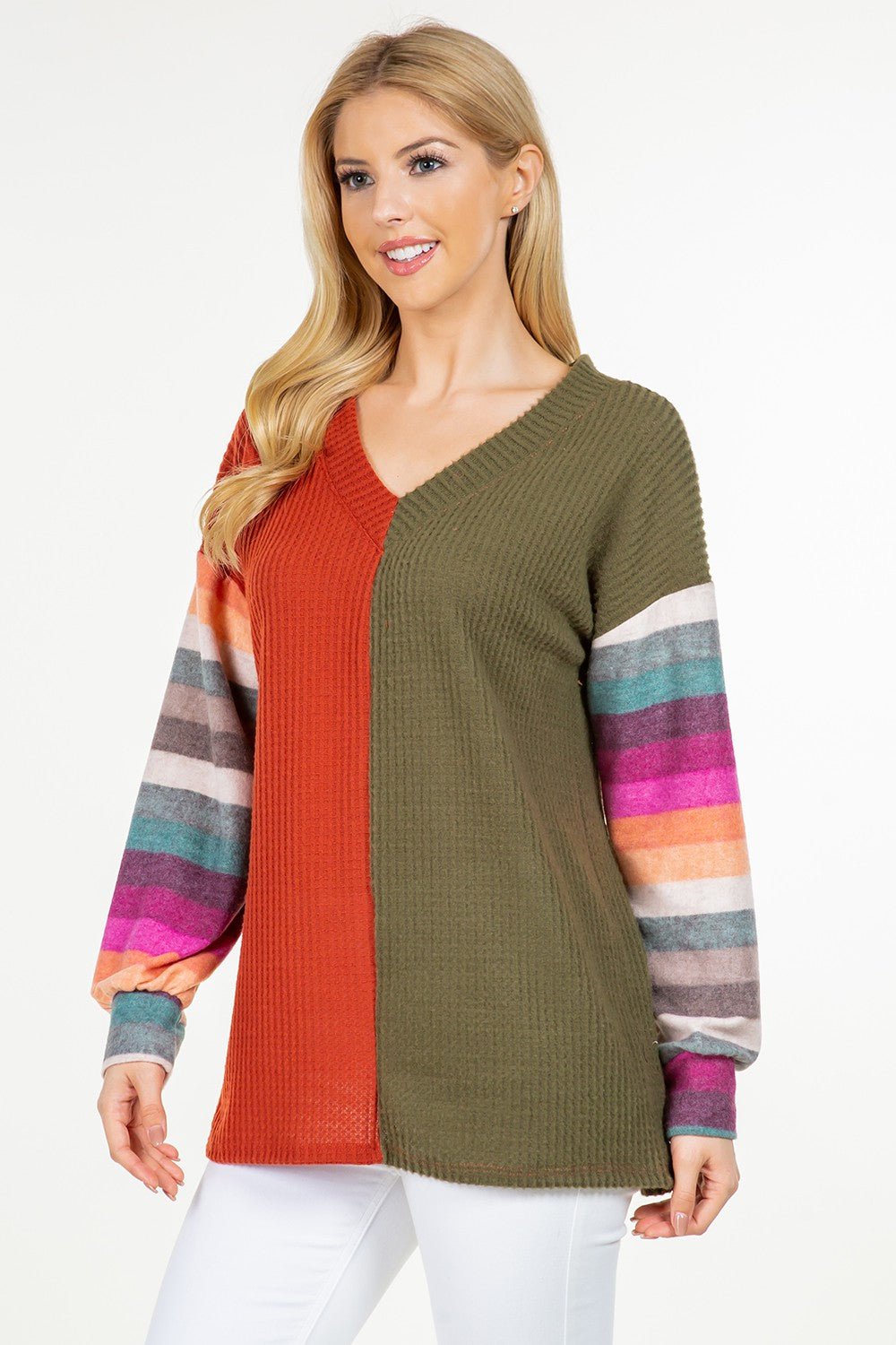 Celeste Full Size Contrast Striped V - Neck Long Sleeve Blouse - Bitsy Gypsy Boutique