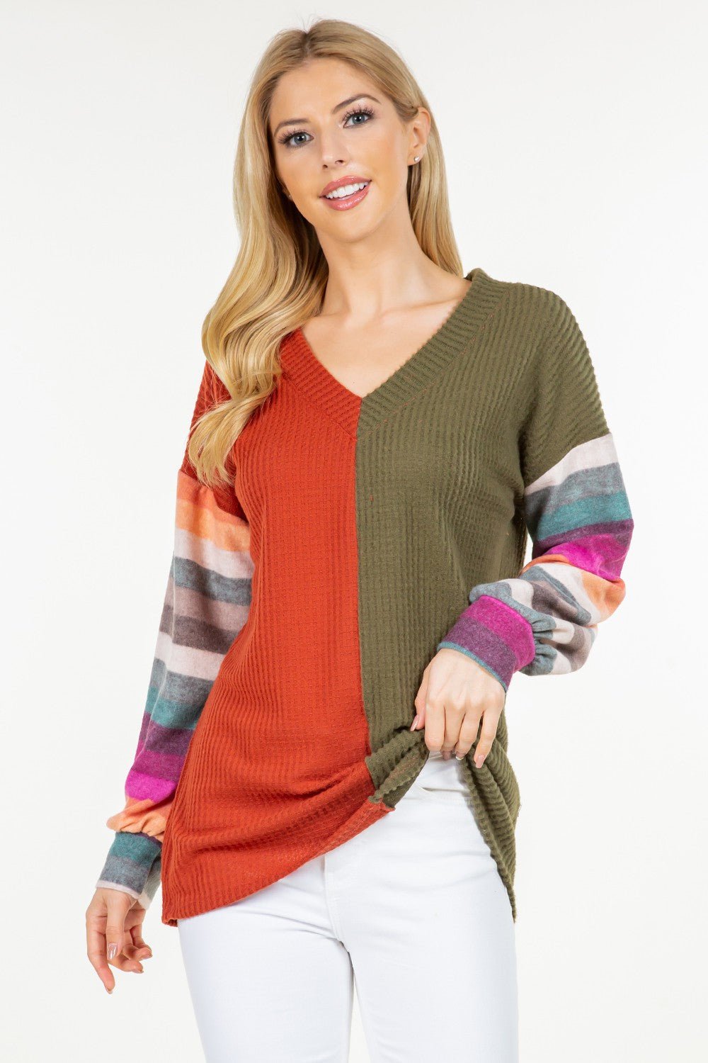 Celeste Full Size Contrast Striped V - Neck Long Sleeve Blouse - Bitsy Gypsy Boutique