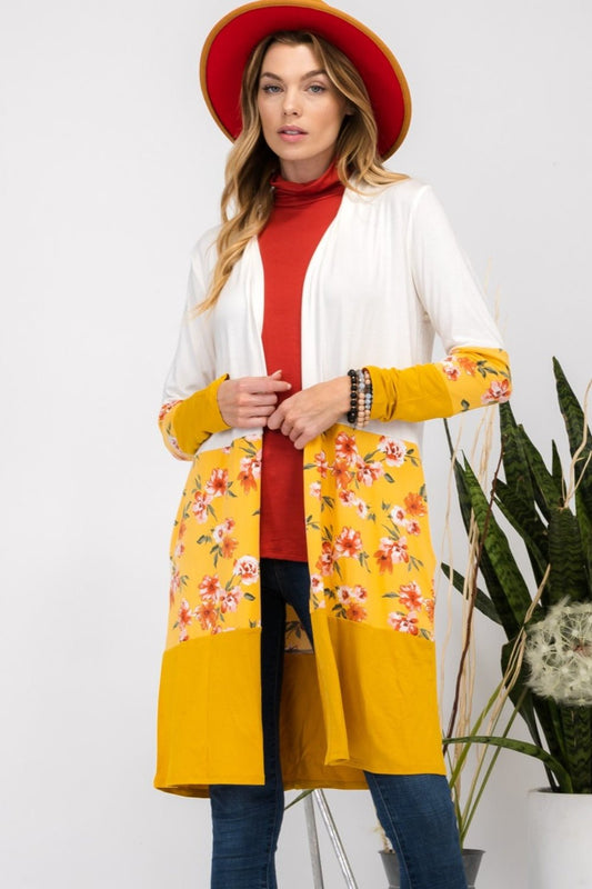 Celeste Full Size Floral Color Block Open Front Cardigan - Bitsy Gypsy Boutique