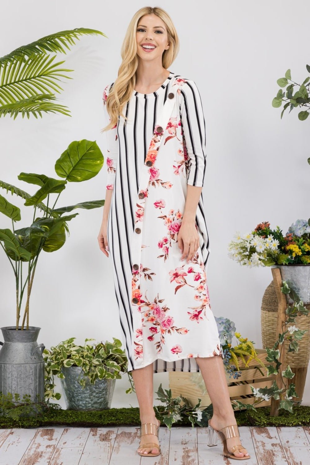 Celeste Full Size Floral Striped Contrast Midi - Dress with Pockets - Bitsy Gypsy Boutique