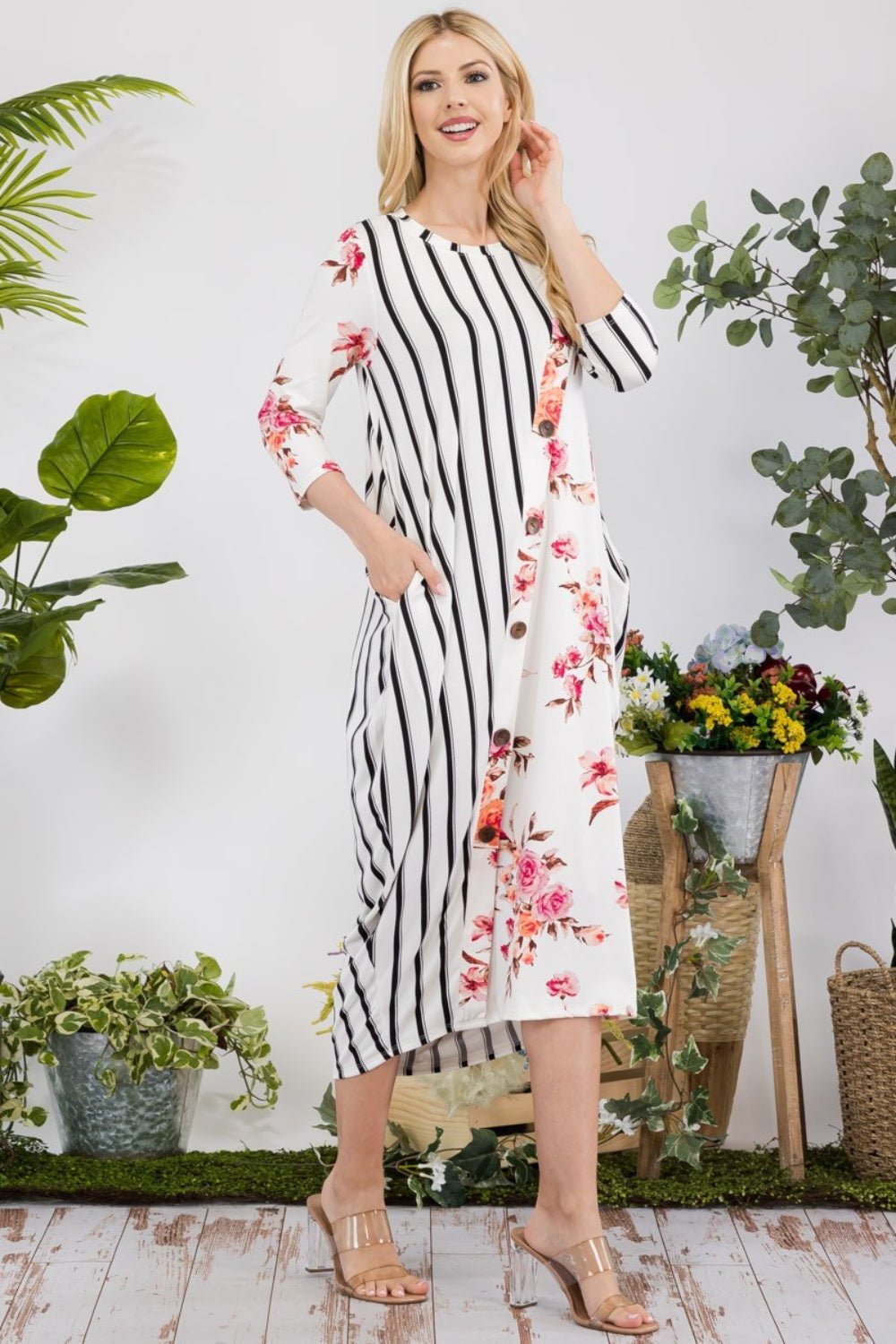 Celeste Full Size Floral Striped Contrast Midi - Dress with Pockets - Bitsy Gypsy Boutique