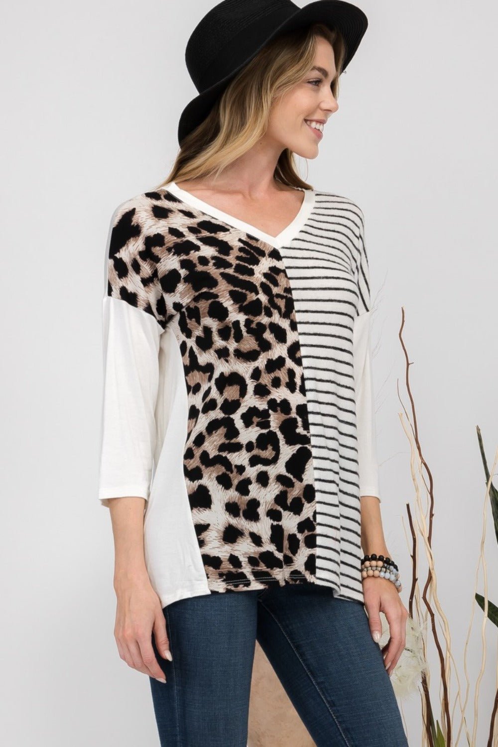 Celeste Full Size Front Leopard and Striped Print V - Neck T-Shirt - Bitsy Gypsy Boutique