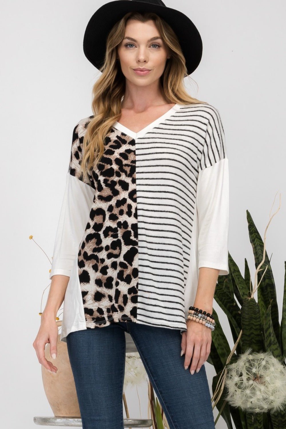 Celeste Full Size Front Leopard and Striped Print V - Neck T-Shirt - Bitsy Gypsy Boutique