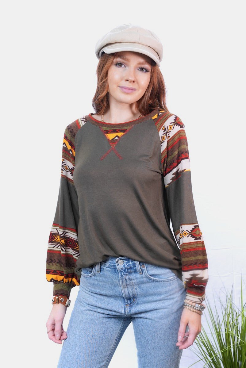 Celeste Full Size Geometric Round Neck Long Sleeve Top - Bitsy Gypsy Boutique