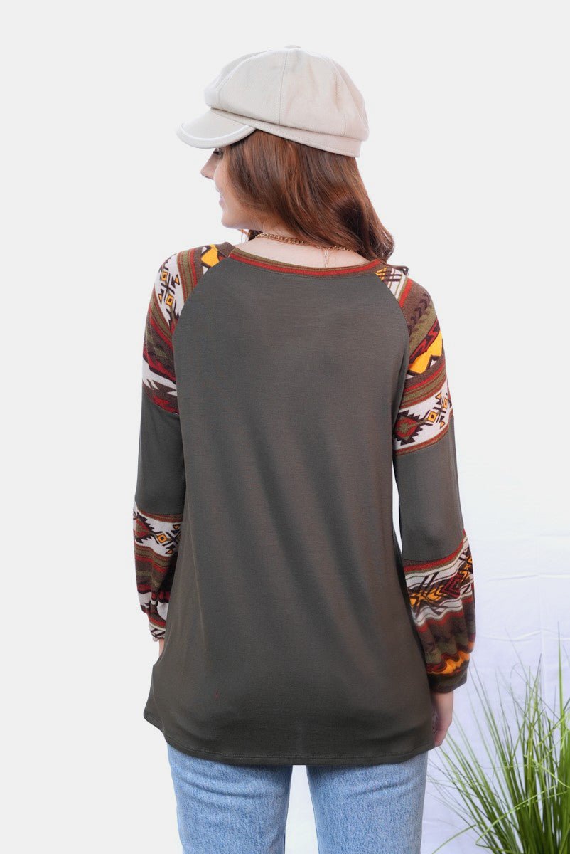 Celeste Full Size Geometric Round Neck Long Sleeve Top - Bitsy Gypsy Boutique