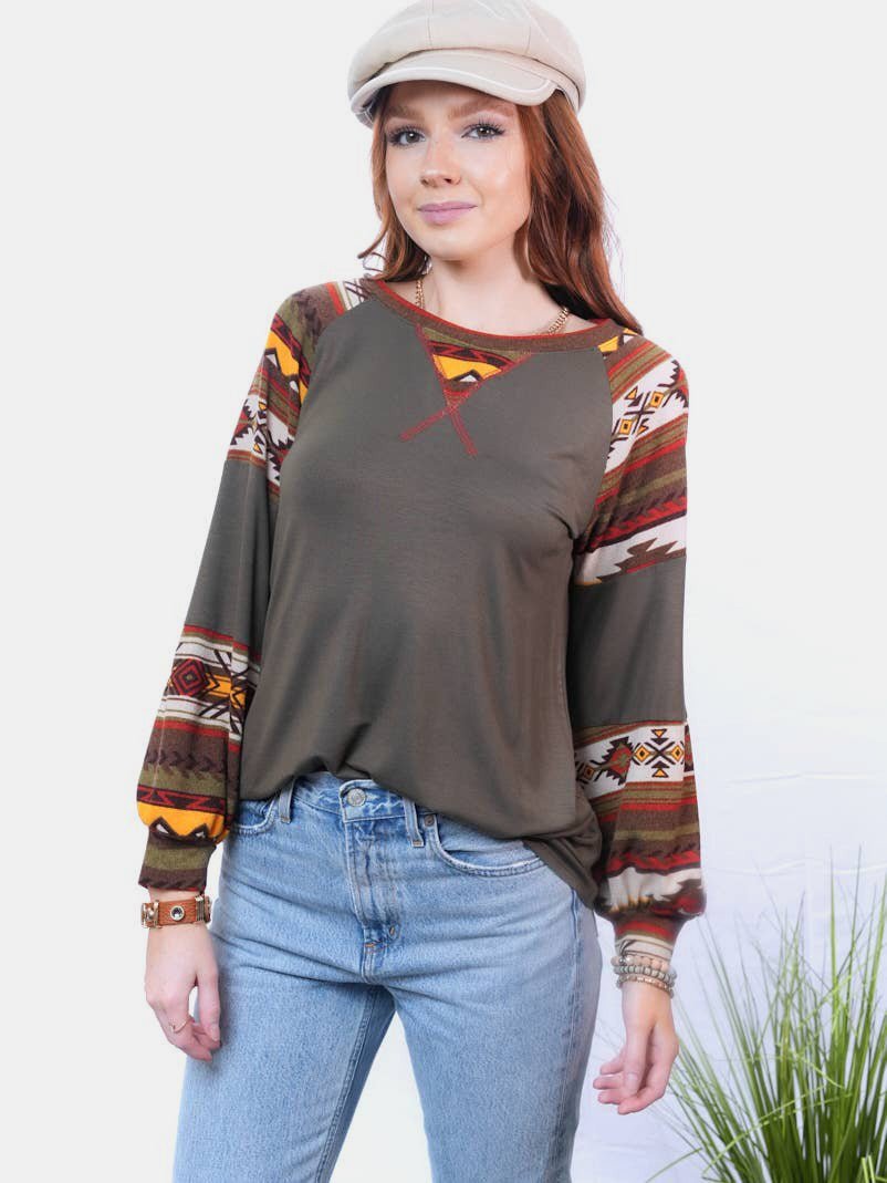 Celeste Full Size Geometric Round Neck Long Sleeve Top - Bitsy Gypsy Boutique