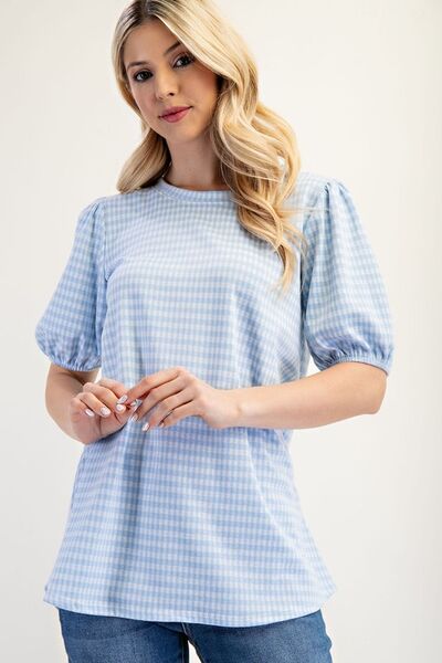 Celeste Full Size Gingham Print Top With Puff Sleeves Plus Size - Bitsy Gypsy Boutique