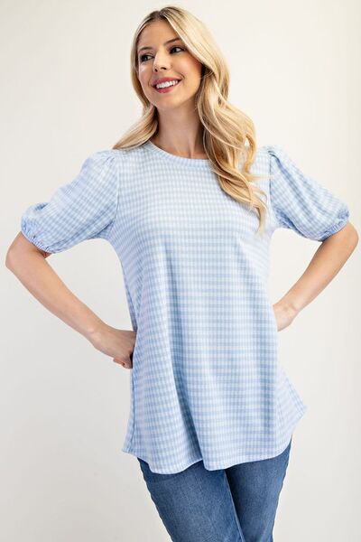 Celeste Full Size Gingham Print Top With Puff Sleeves Plus Size - Bitsy Gypsy Boutique