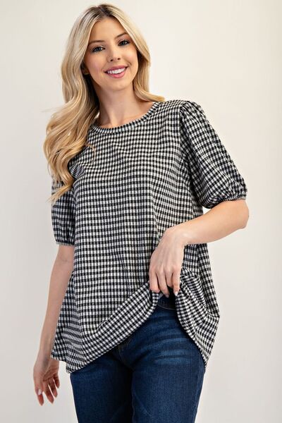 Celeste Full Size Gingham Print Top With Puff Sleeves Plus Size - Bitsy Gypsy Boutique