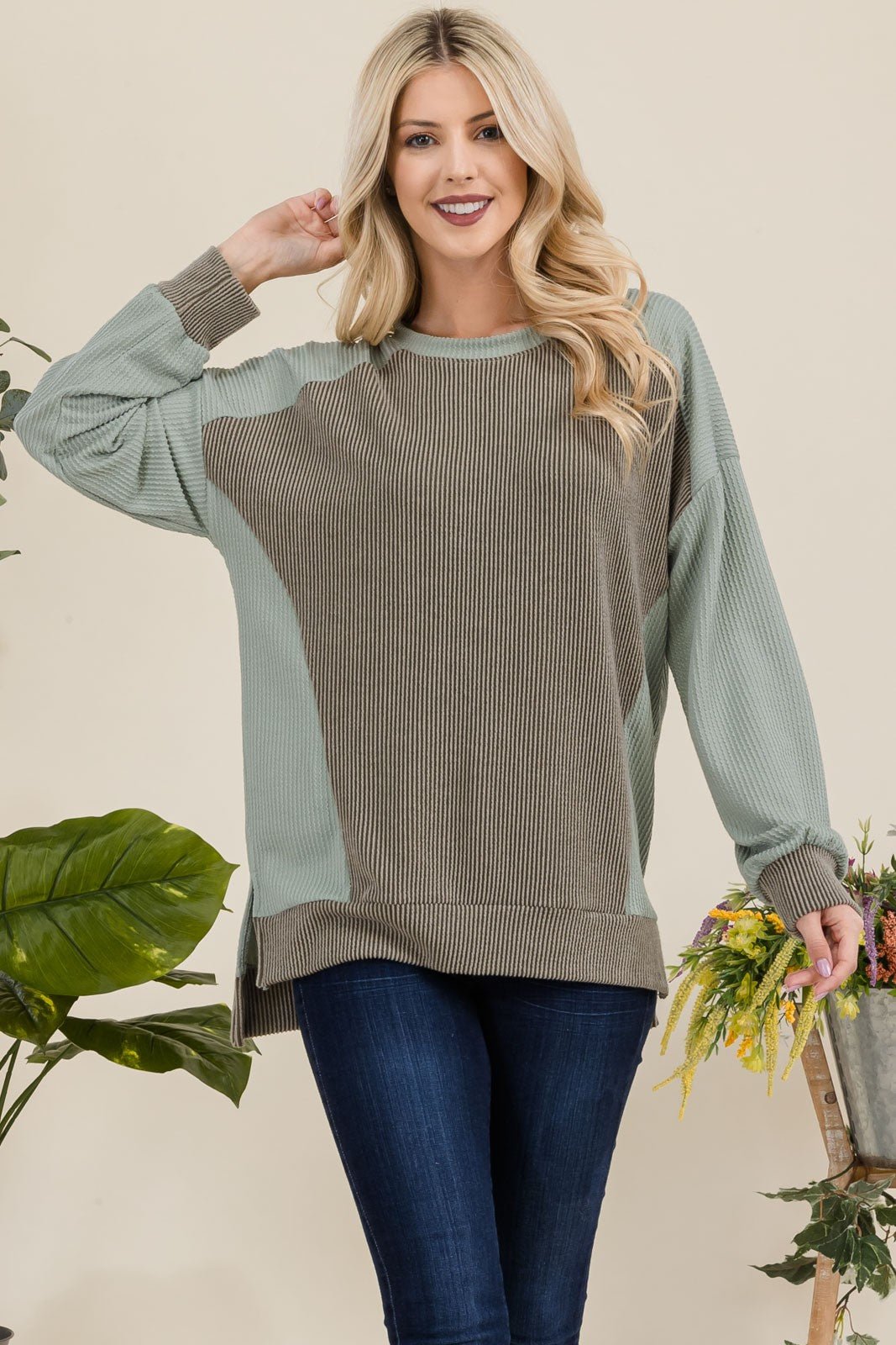 Celeste Full Size High - Low Contrast Round Neck Sweatshirt - Bitsy Gypsy Boutique