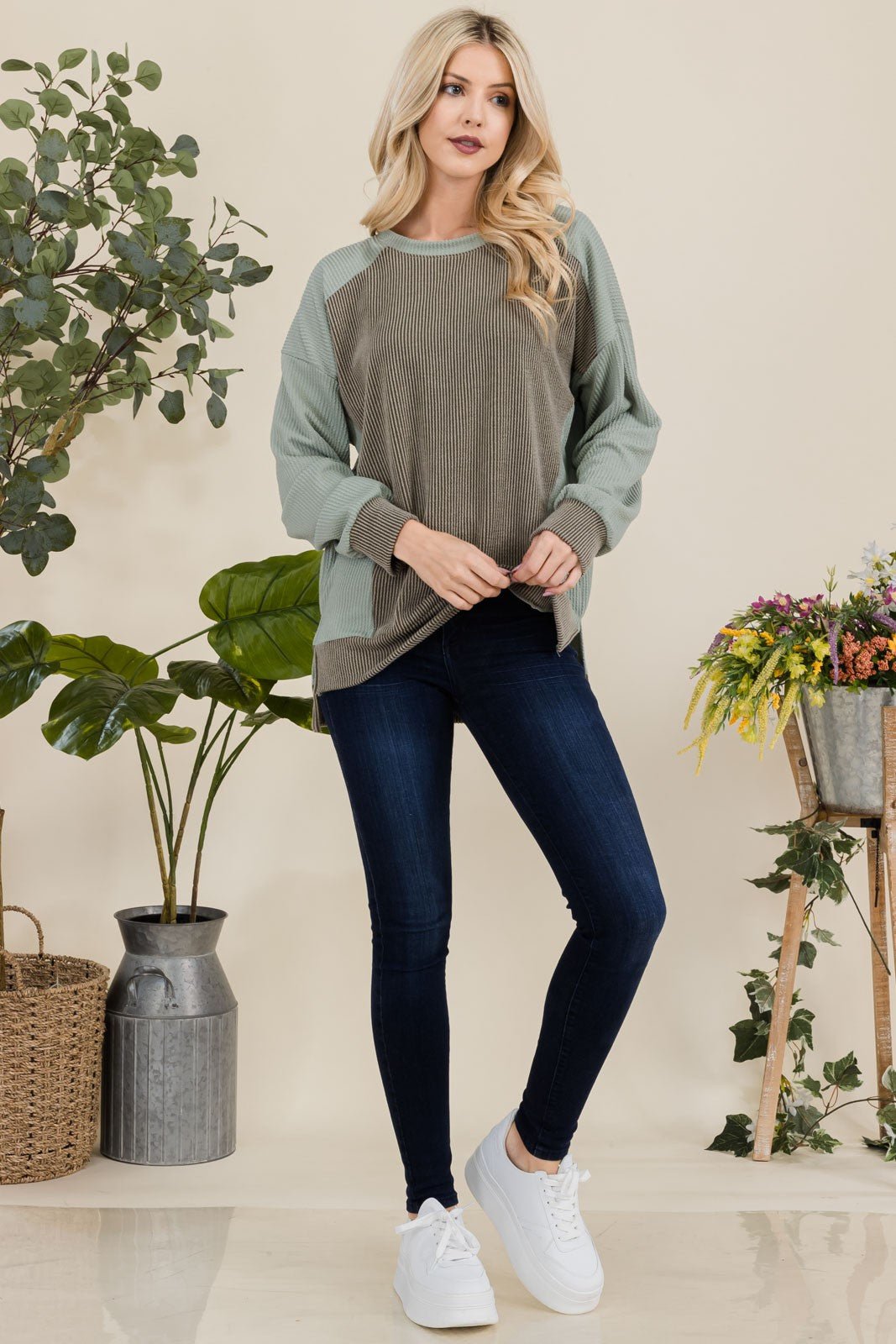 Celeste Full Size High - Low Contrast Round Neck Sweatshirt - Bitsy Gypsy Boutique