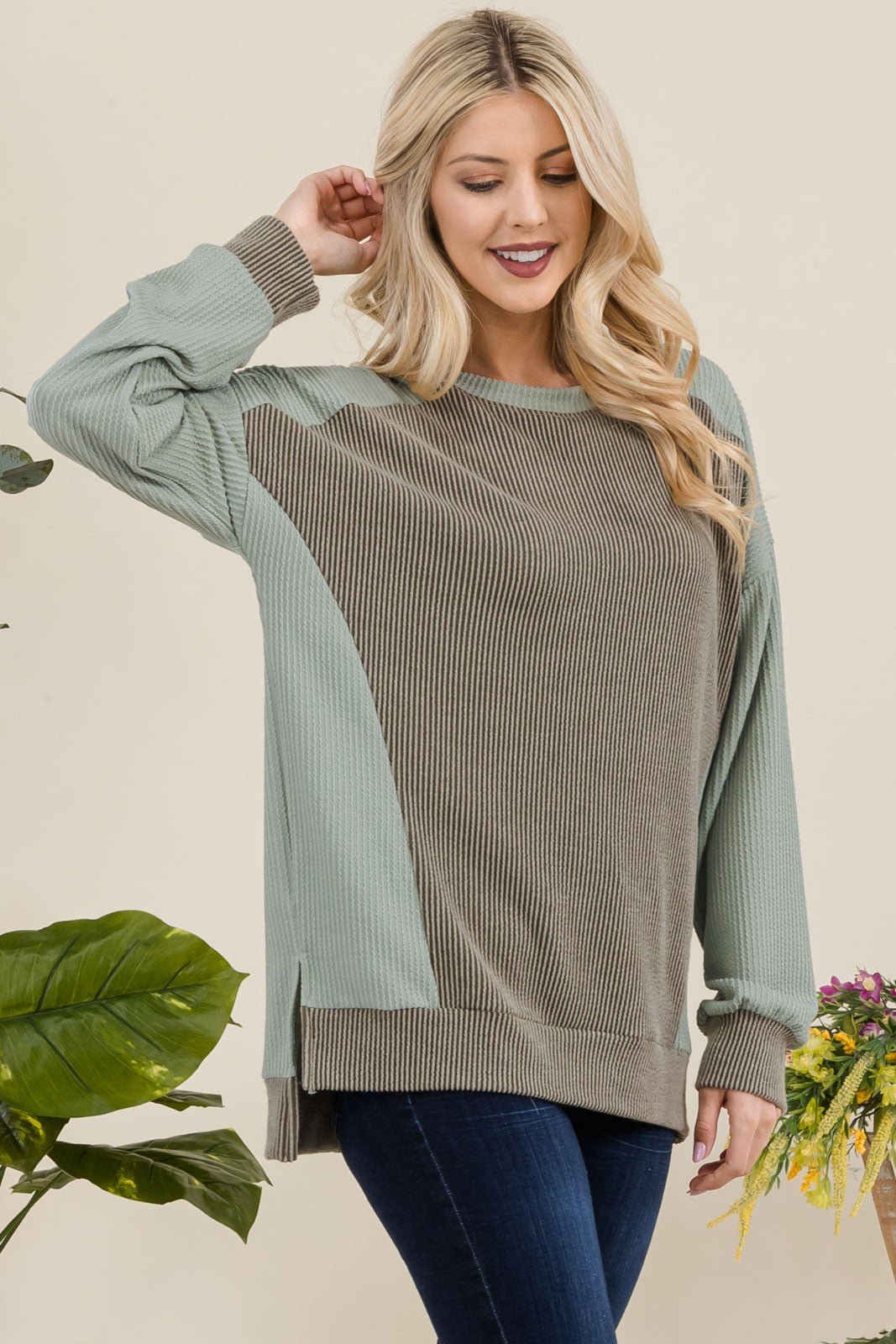 Celeste Full Size High - Low Contrast Round Neck Sweatshirt - Bitsy Gypsy Boutique