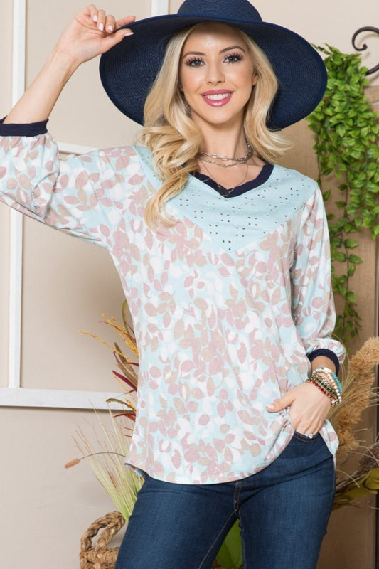 Celeste Full Size Leaf Print Contrast Trim Balloon Sleeve Top - Bitsy Gypsy Boutique