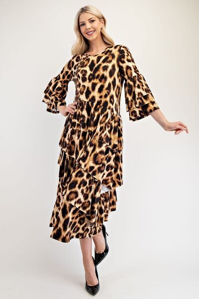 Celeste Full Size Leopard Asymmetrical Ruffle Midi Dress Plus Size - Bitsy Gypsy Boutique