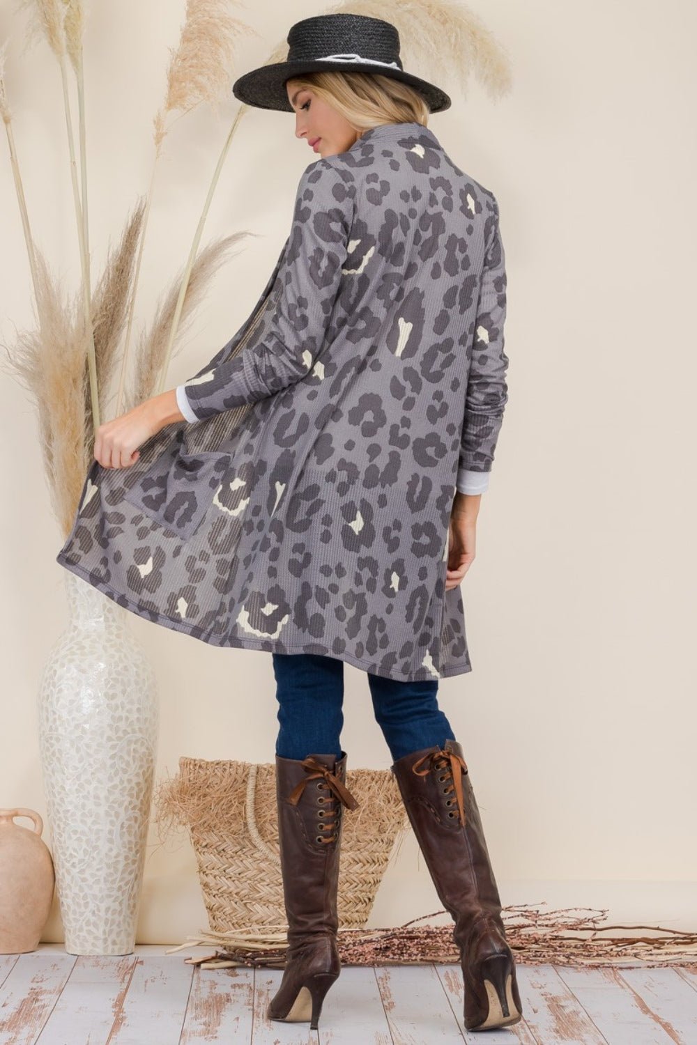 Celeste Full Size Leopard Open Front Contrast Cardigan - Bitsy Gypsy Boutique