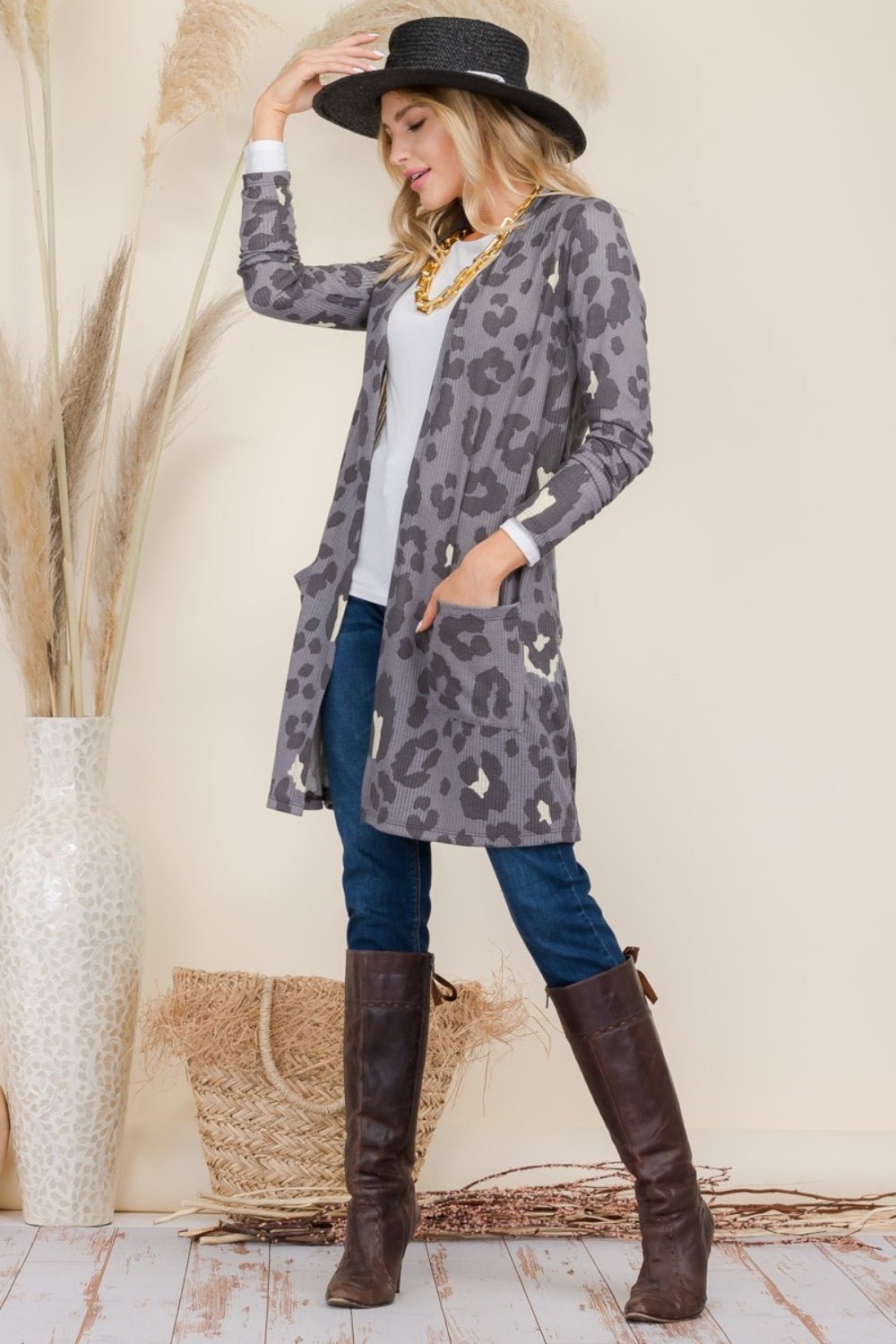 Celeste Full Size Leopard Open Front Contrast Cardigan - Bitsy Gypsy Boutique