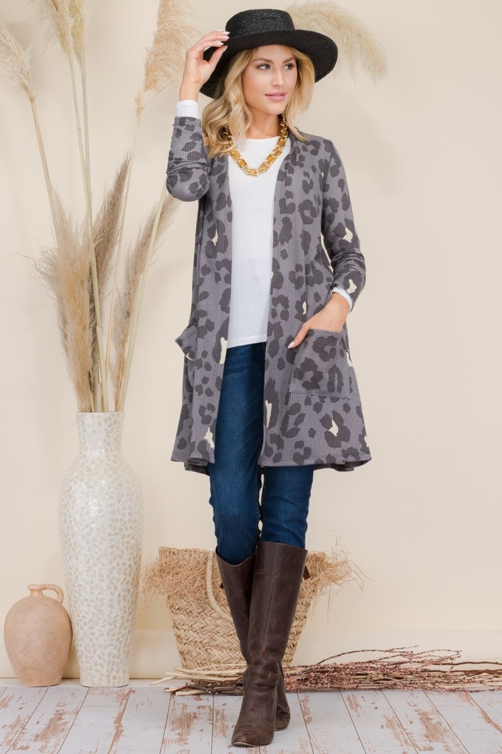 Celeste Full Size Leopard Open Front Contrast Cardigan - Bitsy Gypsy Boutique