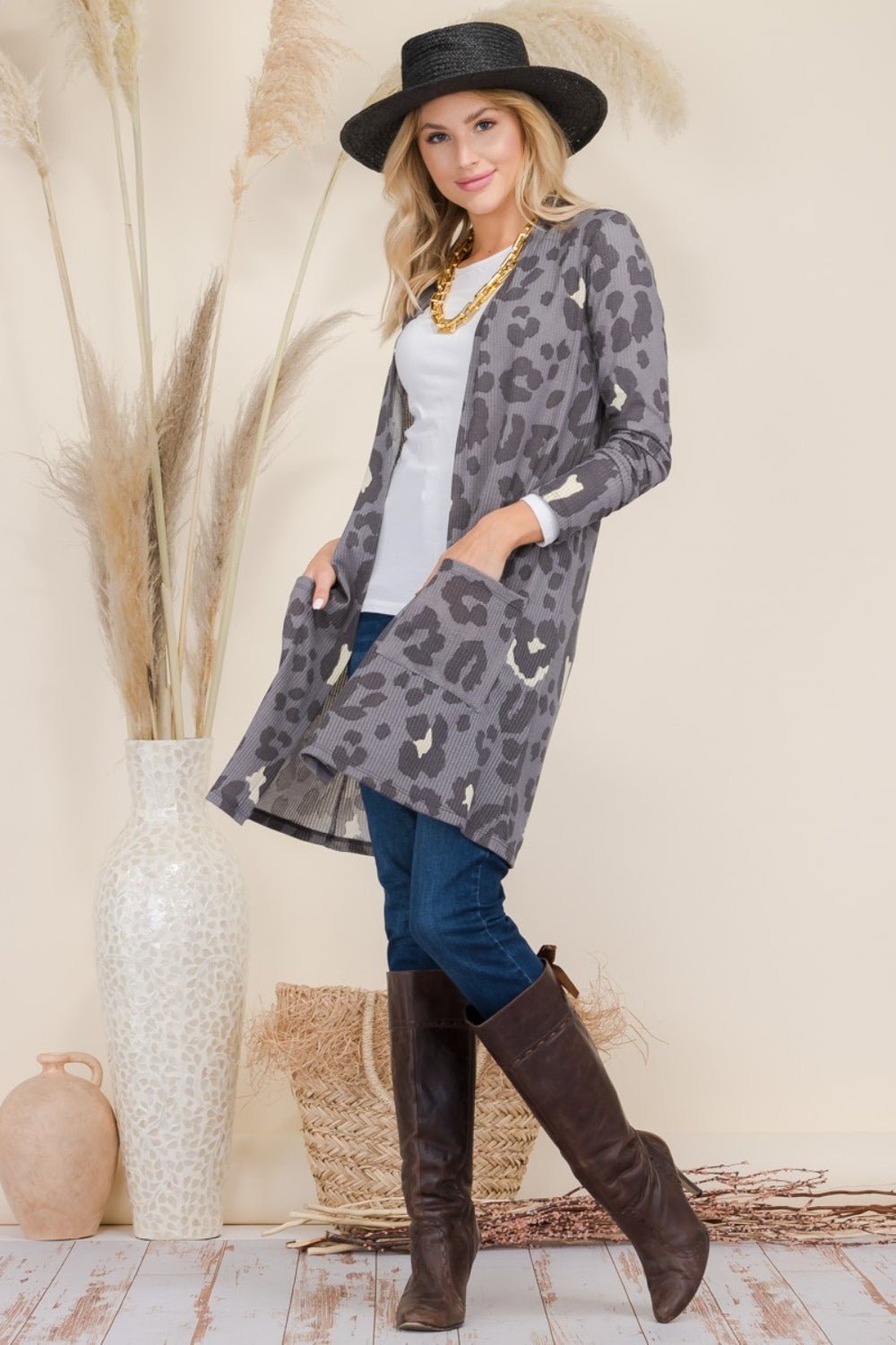 Celeste Full Size Leopard Open Front Contrast Cardigan - Bitsy Gypsy Boutique