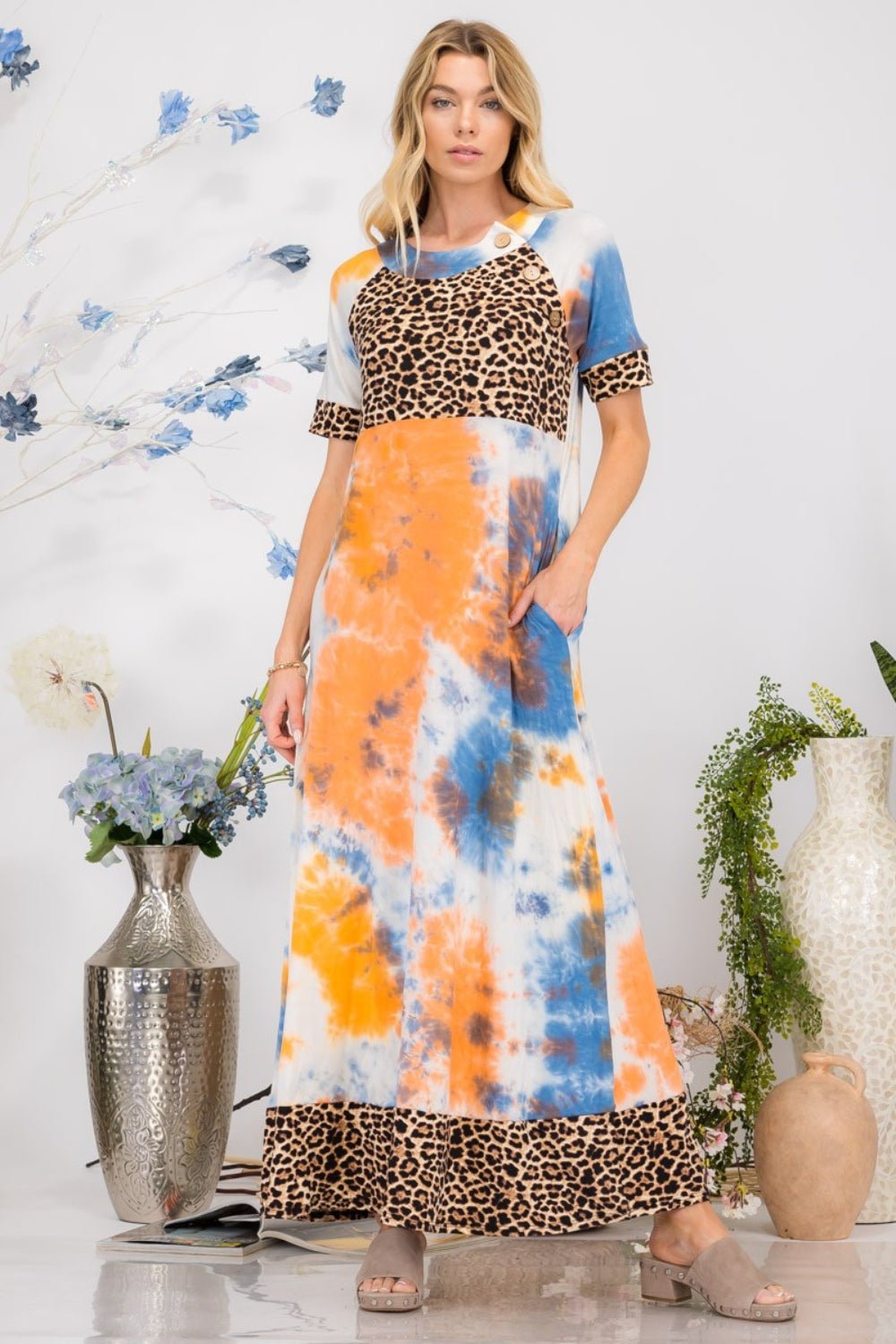 Celeste Full Size Leopard Tie - Dye Button Detail Short Sleeve Maxi Dress Plus Size - Bitsy Gypsy Boutique