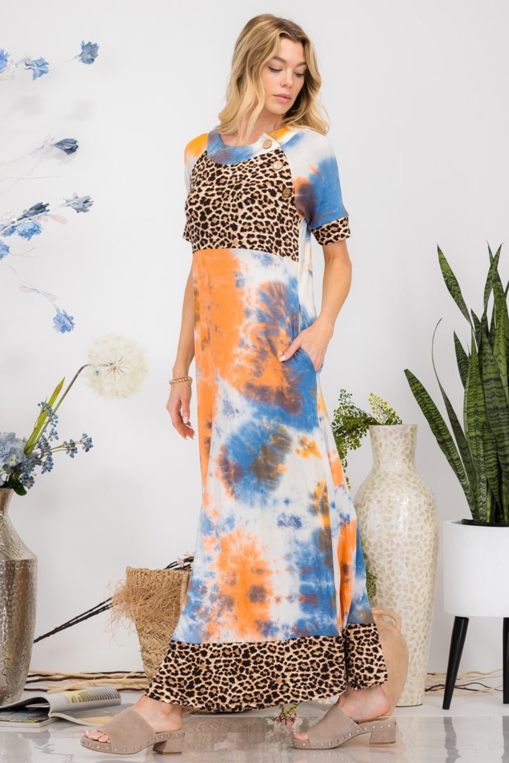 Celeste Full Size Leopard Tie - Dye Button Detail Short Sleeve Maxi Dress Plus Size - Bitsy Gypsy Boutique