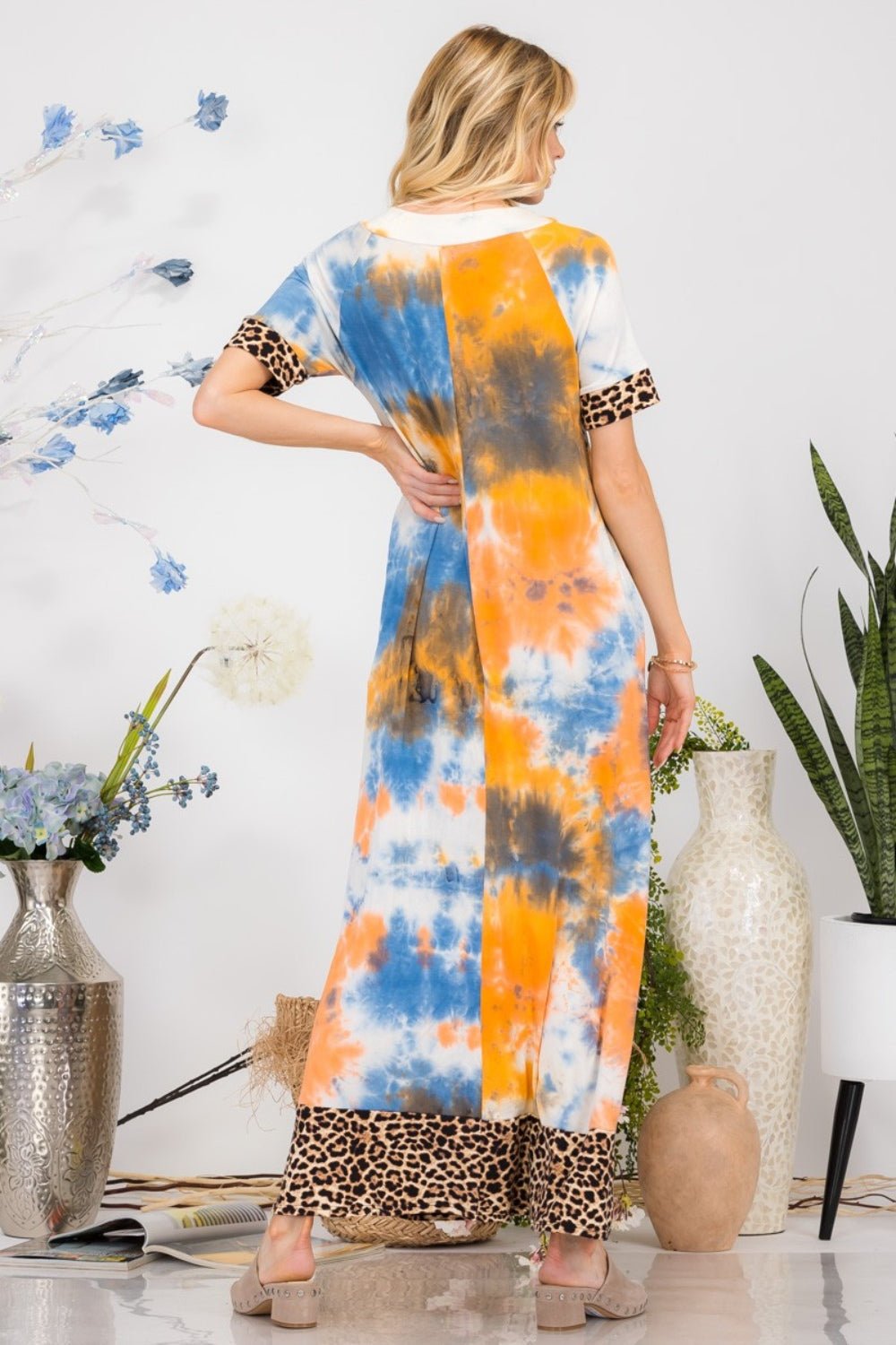 Celeste Full Size Leopard Tie - Dye Button Detail Short Sleeve Maxi Dress Plus Size - Bitsy Gypsy Boutique