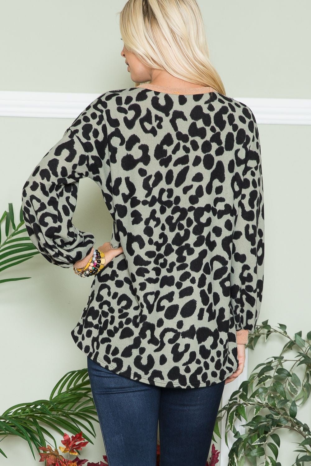 Celeste Full Size Leopard V - Neck Long Sleeve Blouse - Bitsy Gypsy Boutique