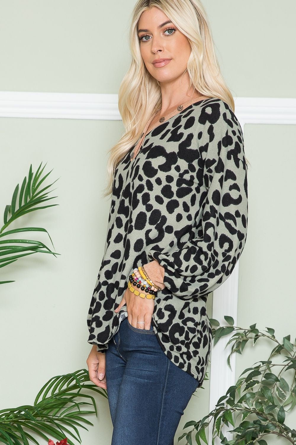 Celeste Full Size Leopard V - Neck Long Sleeve Blouse - Bitsy Gypsy Boutique