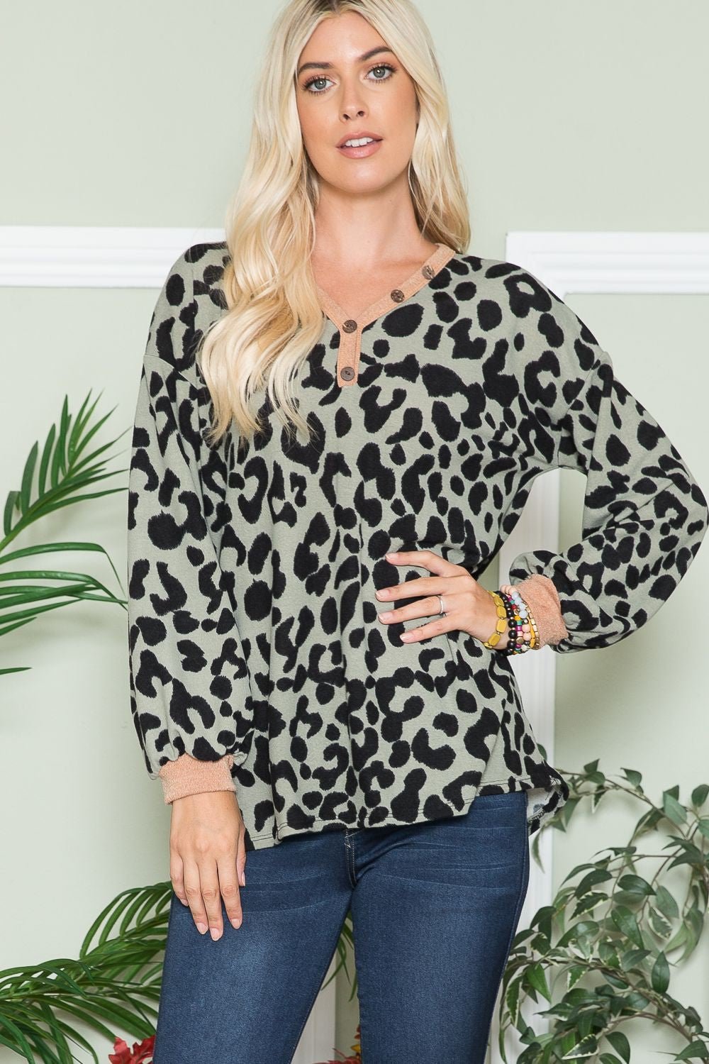 Celeste Full Size Leopard V - Neck Long Sleeve Blouse - Bitsy Gypsy Boutique