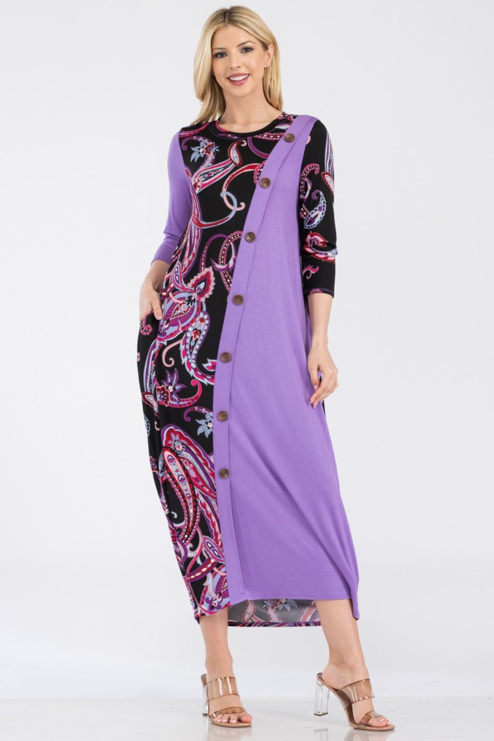 Celeste Full Size Paisley Contrast Midi Dress with Pockets - Bitsy Gypsy Boutique