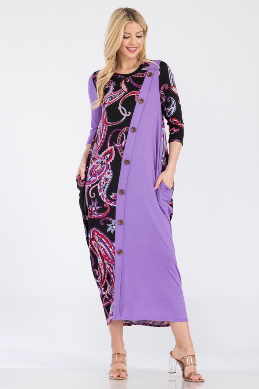 Celeste Full Size Paisley Contrast Midi Dress with Pockets - Bitsy Gypsy Boutique