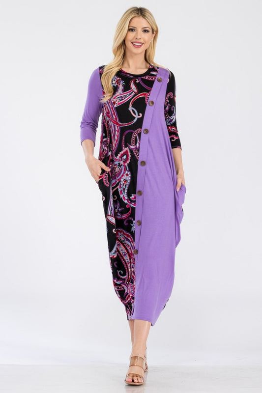 Celeste Full Size Paisley Contrast Midi Dress with Pockets - Bitsy Gypsy Boutique